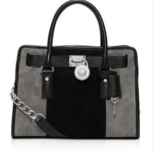 Michael Kors Hamilton Center Stripe East West Satchel - Grey and Black Suede